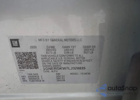 2020 Chevrolet Traverse Lt Cloth из США, поврежденный, VIN 1GNERGKW7LJ328835